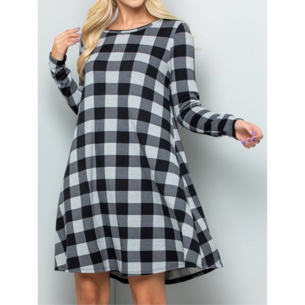 6 Buffalo Check Hacci Long Sleeve Pockets Dresses